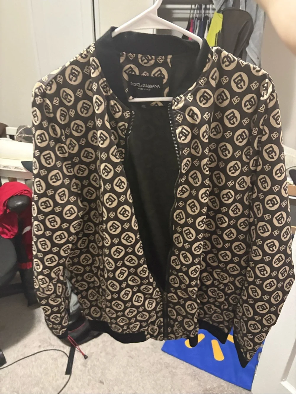 Dolce & Gabbana Men’s Black and Cream Logo-Print jacket authentic and cheapest